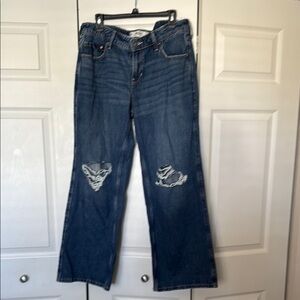 Hollister Blue Lowrise  Wide Leg Jeans with Distressed Knees